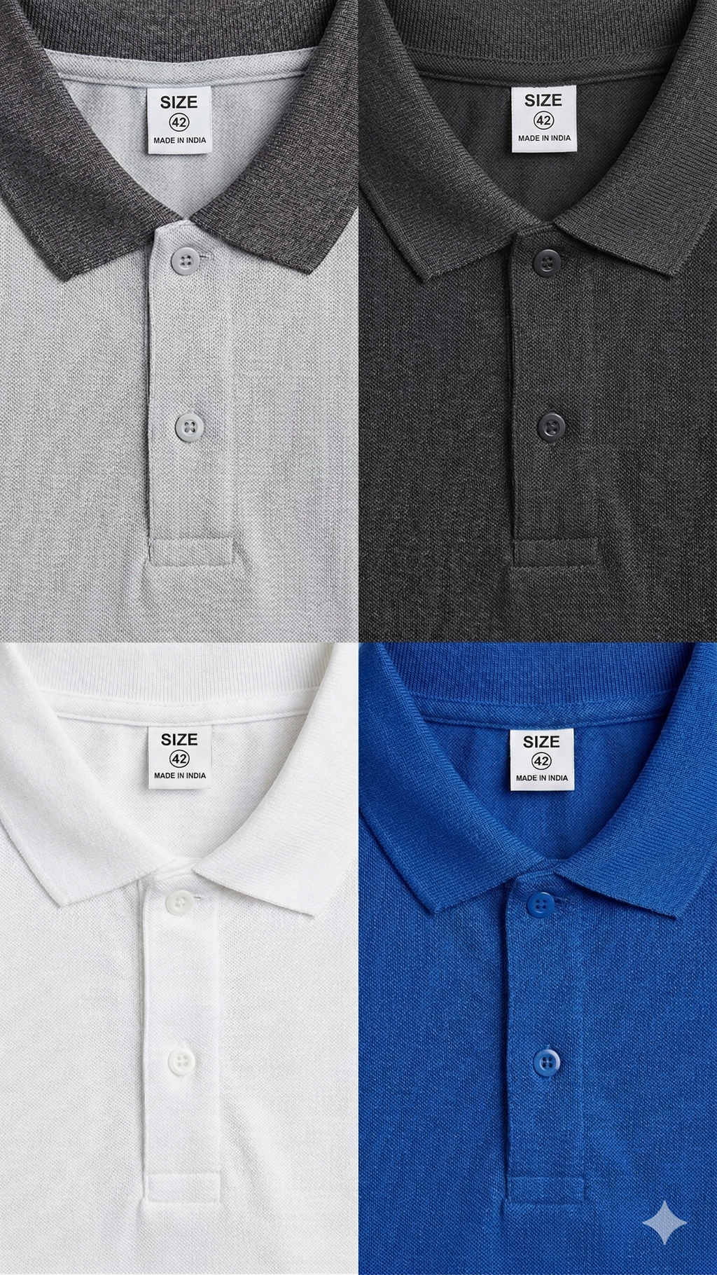 Four polo shirts in gray, black, white, and blue with visible brand labels.