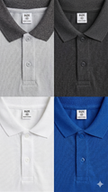 Four polo shirts in gray, black, white, and blue with visible brand labels.