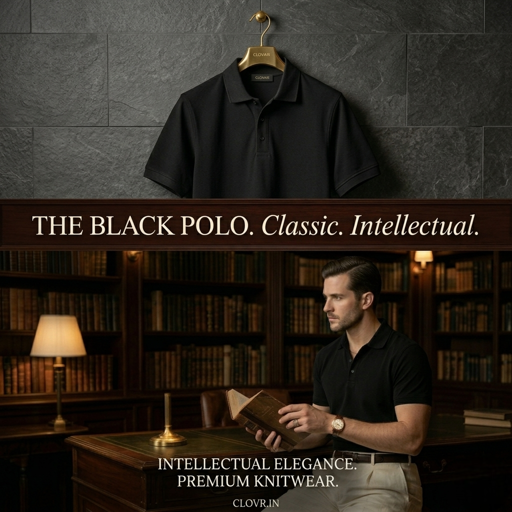 Black polo shirt on a hanger with a man reading a book in a library setting.