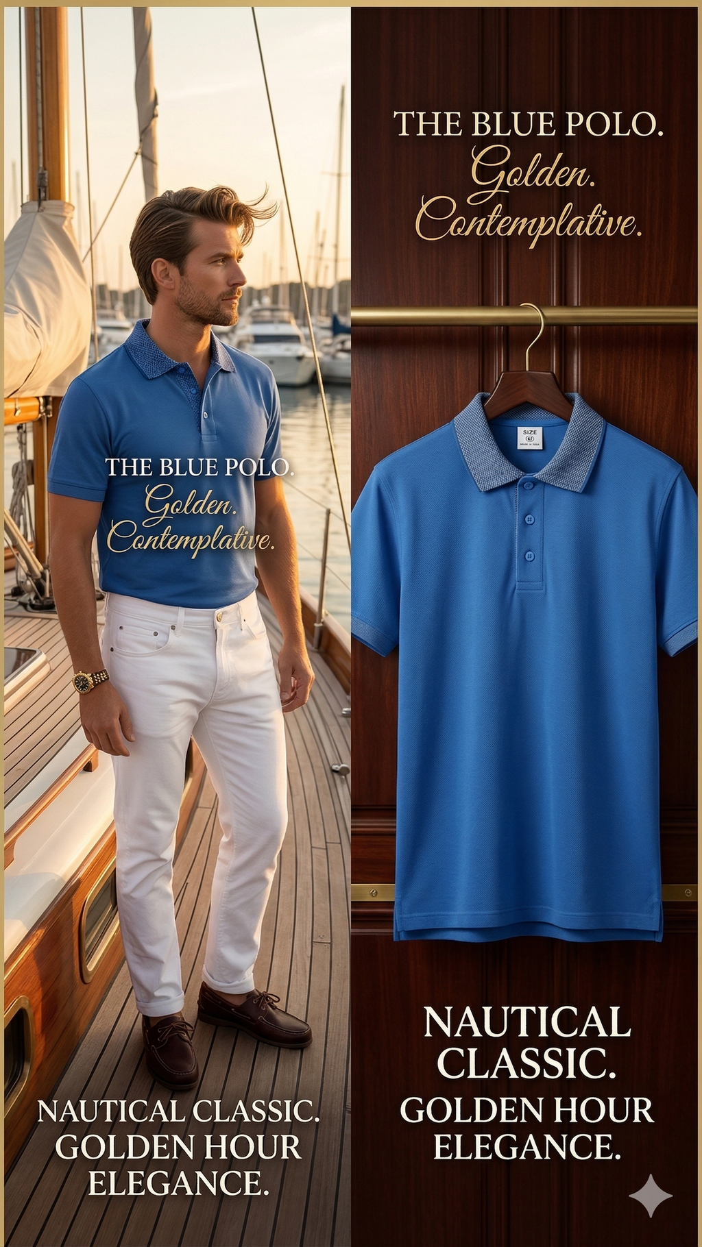 Man wearing a blue polo shirt on a dock with text describing the style and mood.