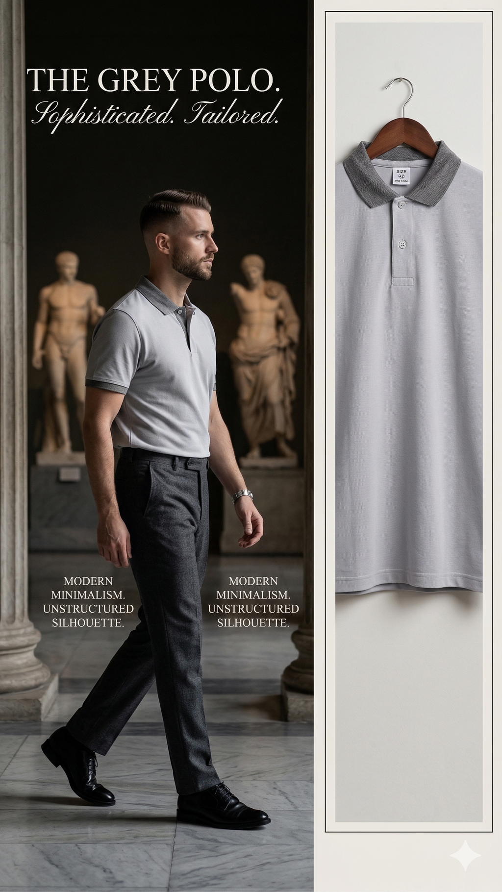 Man wearing a gray polo shirt and dark pants in a classical setting with text 'The Grey Polo'.