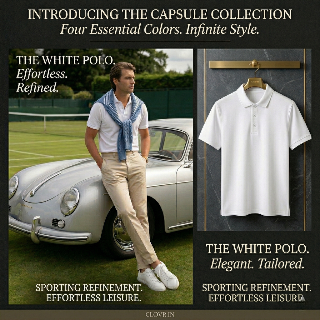 Man standing next to a vintage car with text about a white polo shirt and brand name.